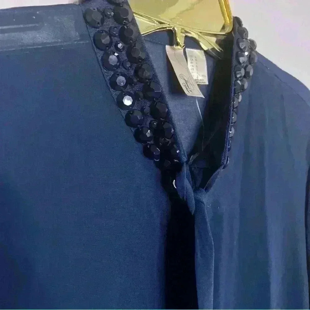 FOREVER 21 Vintage Sheer Navy Blouse, Beaded Trim, Button Front, Size L, NWT